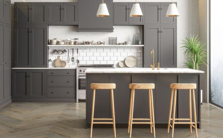 herringbone wood-look floors in kitchen